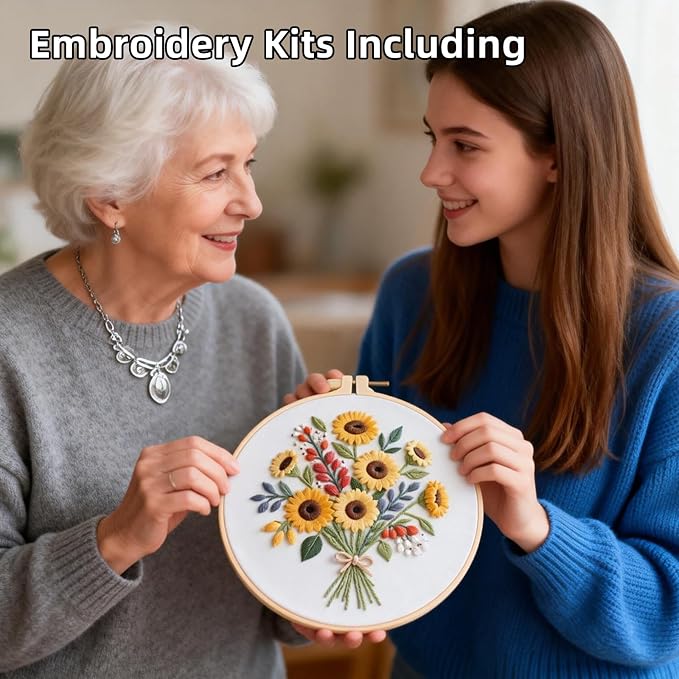 Herdiese Embroidery Kit for Beginners & Adults with Flower Pattern | Stamped Cross Stitch Kit Including Fabric, Hoop, Threads, Needles & Instructions, Complete DIY Hand Sewing Craft Set