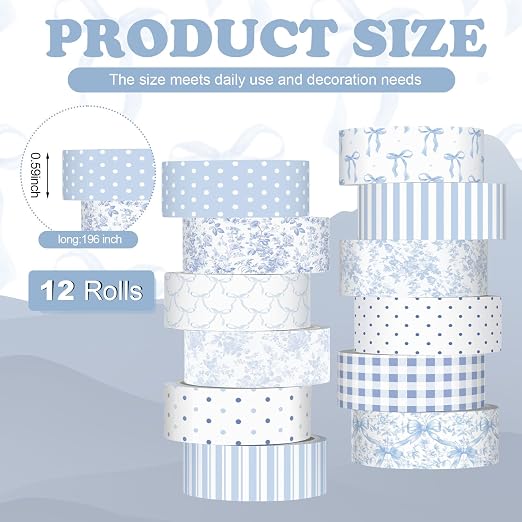 12 Rolls Floral Washi Tape Set,Blue and White,Floral | Watercolor Flowers Design for Scrapbook Journal DIY Craft School Supplies, 15 mm Vintage Decorative Masking Washi Tapes