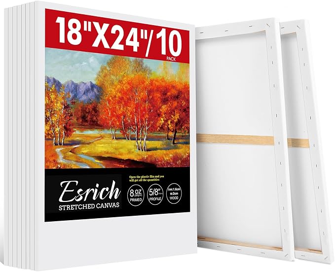ESRICH 18x24 Inch Stretched Canvas for Painting, 10Pack Large Canvas for Painting, Primed Acid-Free Cotton Blank Canvases, Art Paint Canvases for Oil, Watercolor, Acrylic Paint, Gouache.
