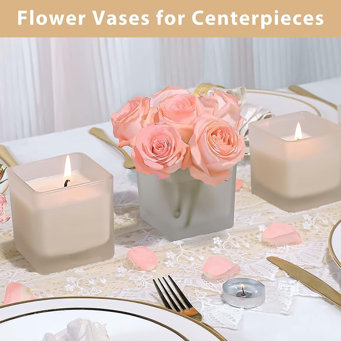 CONNOO 12 Pack 9oz Frosted Glass Square Candle Jars with Bamboo Lids