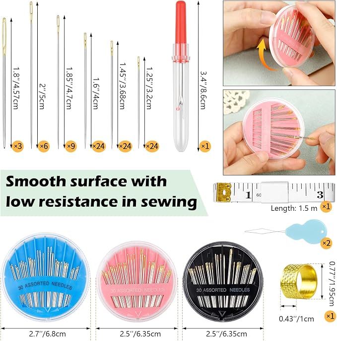 FIVEIZERO Premium Hand Sewing Needles Set,90-Count Assorted Embroidery Needles with threaders,Thread Removal Knife, Thimble,Soft Tape Measure for Hand Sewing Repair