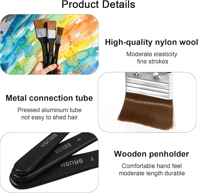 3 Pcs Flat Paint Brushes Set, Nylon Art Brushes for Acrylic Oil Watercolor Painting, Wide Wash Varnish Chip Brush for Gesso Canvas Furniture Craft Supplies