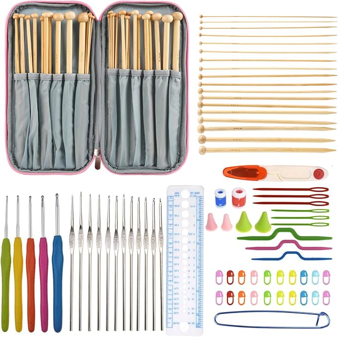 LOOEN Bamboo Knitting Needles Kit 36 Pcs Single Pointed Bamboo Knitting Needles 2.0mm-10.0mm Weaving Tools Knitting Kits (Pink Case)
