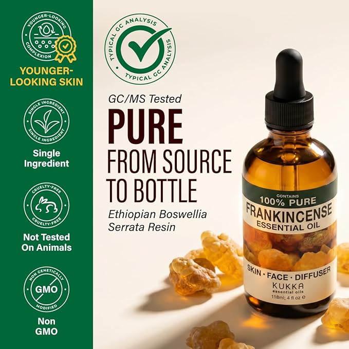 Kukka 100% Pure Frankincense Essential Oil for Skin, Diffuser, 4 Fl Oz | Undiluted Boswellia Serrata, Face, Hair, Diffuser, Aromatherapy, Massage - Steam-Distilled, Non-GMO, with Dropper