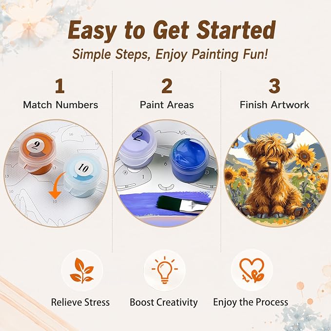 AUKELHJ Framed Paint by Numbers Kit for Adults, Highland Cow, 10x10 inch