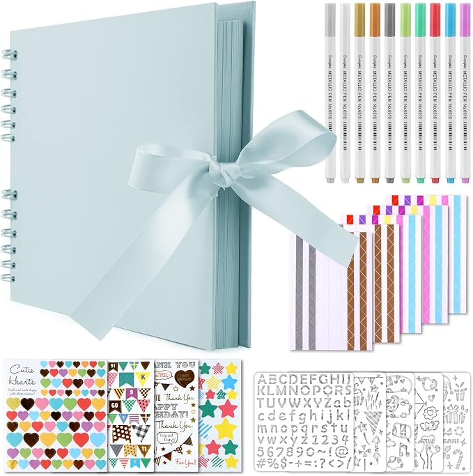 Gotideal 80 Pages Scrapbook Album with 10 Metallic Markers, Blue | Craft Paper Photo Album for Wedding and Anniversary, Family DIY Scrapbook Accessories with Scrapbooking Stickers Corners