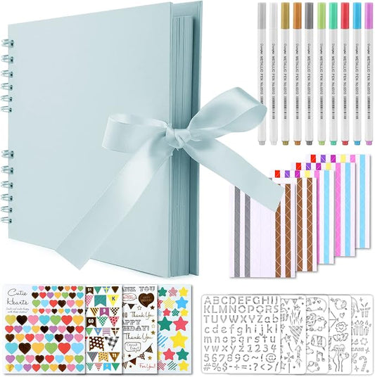 Gotideal 80 Pages Scrapbook Album with 10 Metallic Markers, Blue | Craft Paper Photo Album for Wedding and Anniversary, Family DIY Scrapbook Accessories with Scrapbooking Stickers Corners