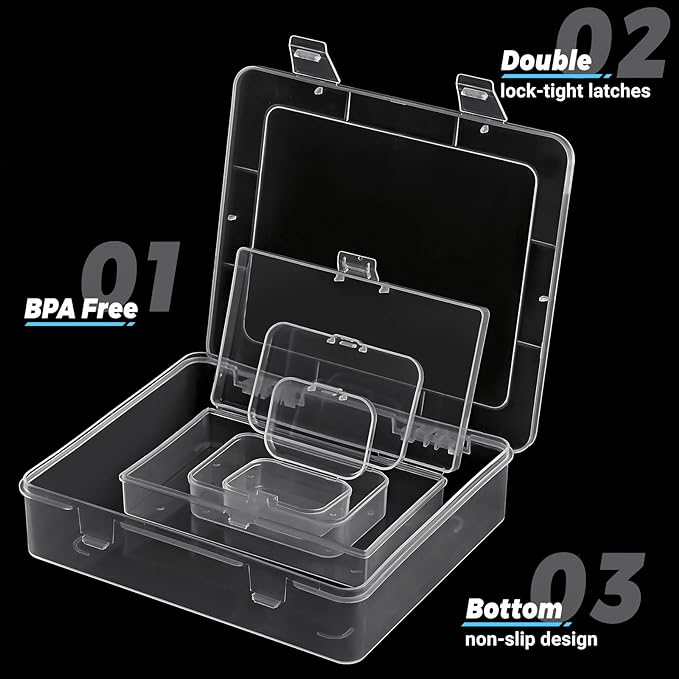 Clear Small Plastic Storage Containers with Lids, 7 Pack | Rectangular Mixed Sizes Mini Bins, Art Craft Supply Storage Boxes, Drawer Organizer with Lid, For Small Items Organizing