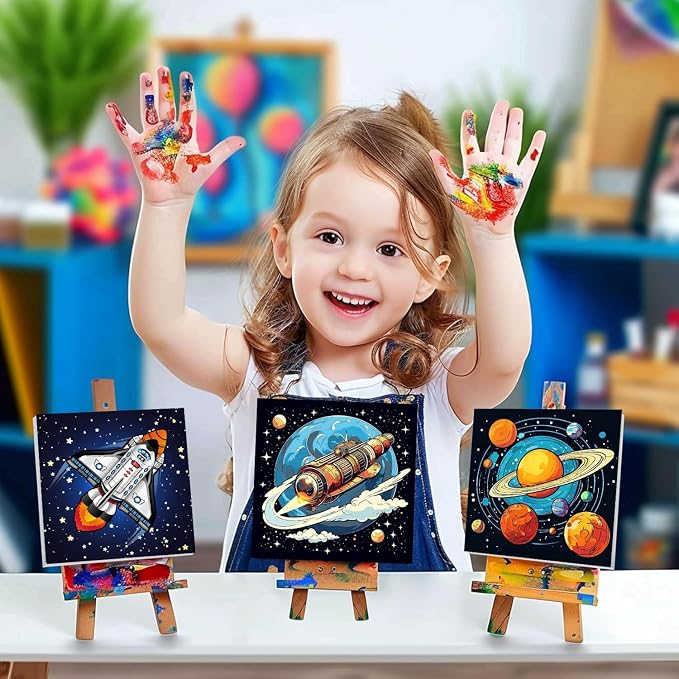 cviokrdu 4 Pack Paint by Numbers Kit for Kids with Frame - Wooden Easel, Outer Space Paint by Numbers for Kids Ages 4 8 12, Easy Astronaut Acrylic Oil Painting Kits for Home Wall Decoration 8x8 inch