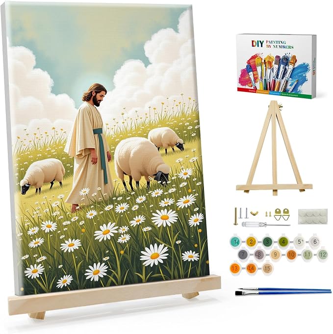 SparkGlow Jesus Framed Paint by Numbers Kit for Adults, 8×12 Inch | The Good Shepherd Number Painting, Include Easel, Premium Canvas, Painting by Number for Gift, Home Decoration