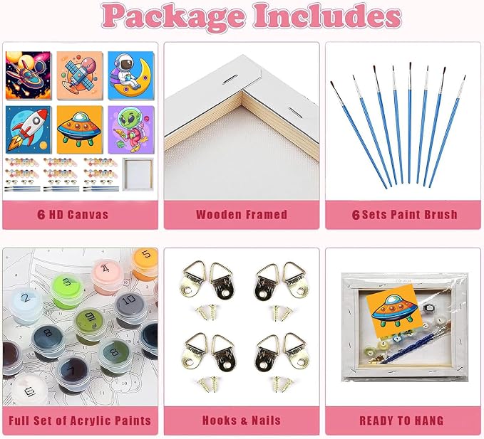 MXCFZX 6 Pack Paint by Numbers Kit for Kids with Frame,Cartoon Rocket Ship Painting Kits for Ages 6-12,Alien Easy DIY Acrylic Paint by Number Kids Paint for Beginner,Perfect for Wall Decor(8X8inch)