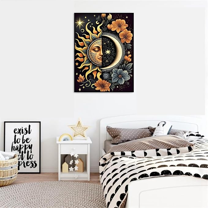 Celestial Body Paint by Numbers Kit for Adults Beginner with Framed,Sun and Moon Easy Adult Paint by Number Kits on Canvas DIY Painting for Beginners Art by Numbers for Home Wall Decor 10x12 Inch
