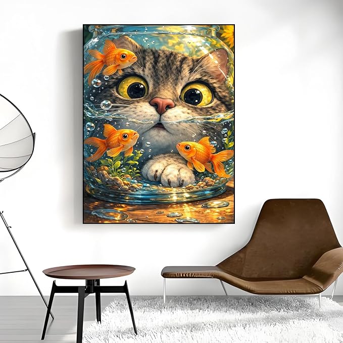 Cat Goldfish Paint by Numbers Kit for Adults Framed Canvas, Frameworkless | Easy Adult Paint by Number Kits on Canvas DIY Cat Goldfish Painting for Beginners Art by Numbers for Home Wall Decor 12X16 in