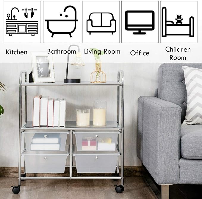 Giantex Rolling Storage Cart w/ 4 Drawers 2 Shelves Metal Rack Shelf Home Office School Beauty Salon Utility Organizer Cart with Wheels (White)