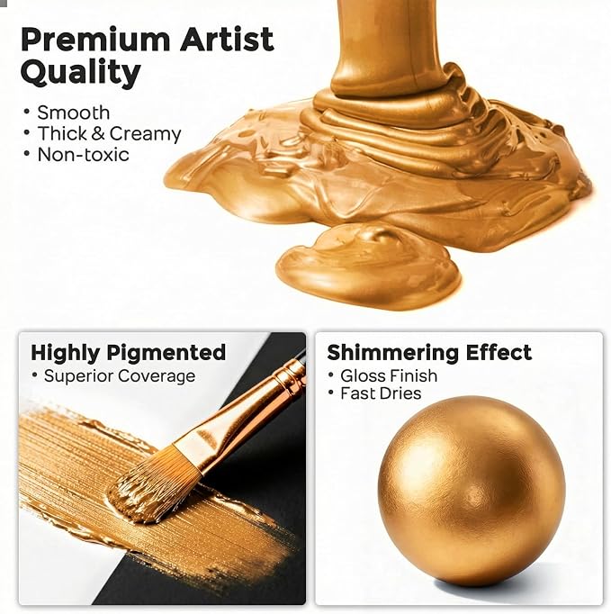 Nicpro Metallic Deep Gold Acrylic Paint, 8.45oz/250ml Large Gold Leaf Paint | Non Toxic, Non Fading Craft Paints for Metal, Wood, Clay, Fabric, Canvas, Furniture, Handcrafts, Art Supplies