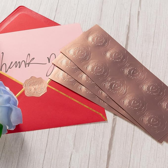 300 Pieces Embossed Gold Foil Stickers, Rose Gold Heart-Love