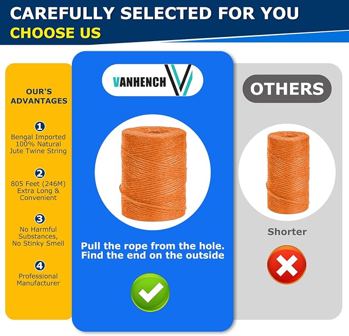 Vanhench 805FT Orange Natural Jute Twine String Rope Cord | Colored Jute Twine for Christmas Crochet Knitting Macrame Arts & Crafts Gift Wrapping Wedding Décor Art Decoration Packing