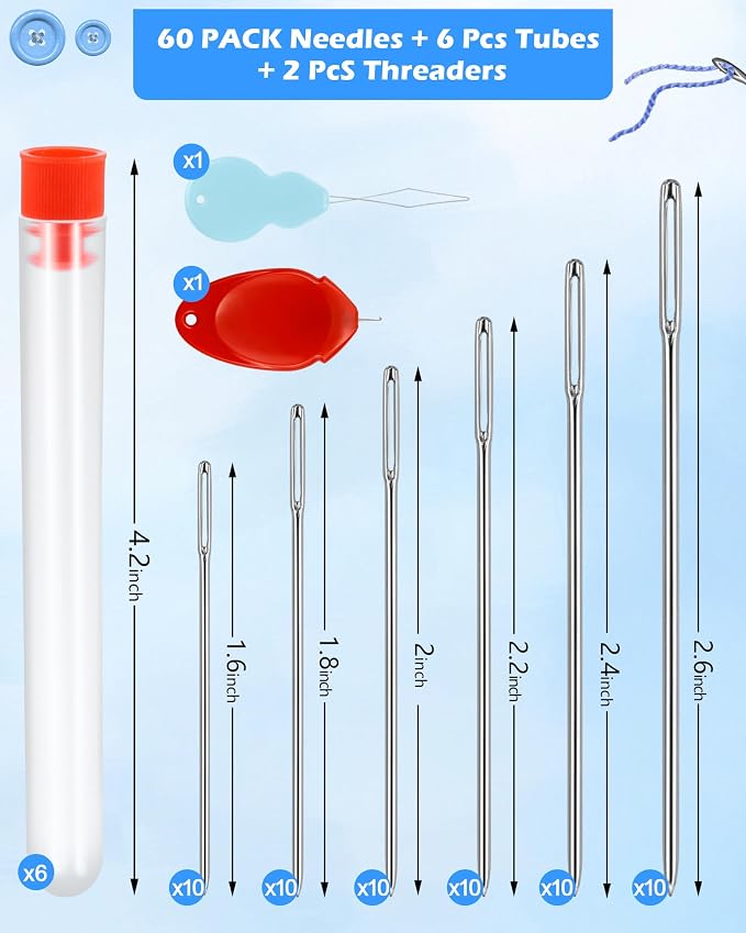 FIVEIZERO Large Eye Needles for Hand Sewing, 60 Pack, Assorted Sizes, Sewing Needles, Needles, Needles for Sewing, Embroidery Needles for Hand Sewing, Sliver