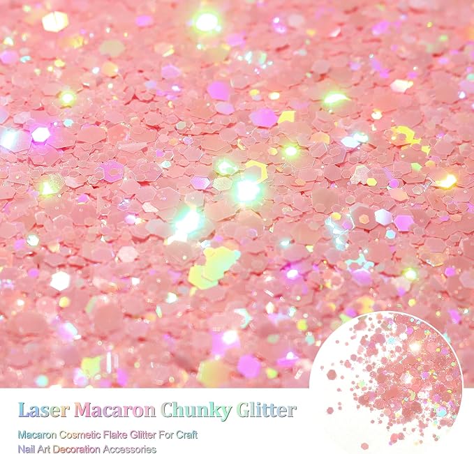 Renfio Holographic Pink Chunky Glitter,Macaron Sequins 1.76oz/50g
