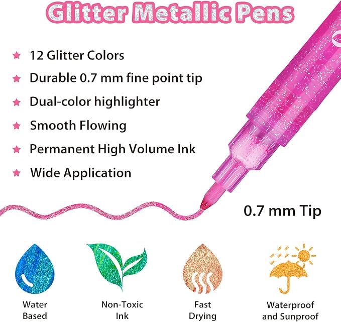 Ohuhu Glitter Marker Pens 12 Colors Fine Tip for Painting Coloring Crafts