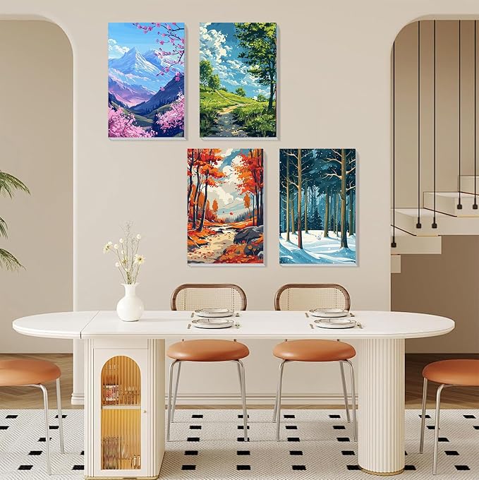 4 Pack Framed Paint by Numbers Kit for Adults Beginners, Four Season 8x12in | Adult Paint by Number Kits on Canvas with Wooden Easel, Landscape DIY Acrylic Oil Painting by Numbers for Gift Home Decor