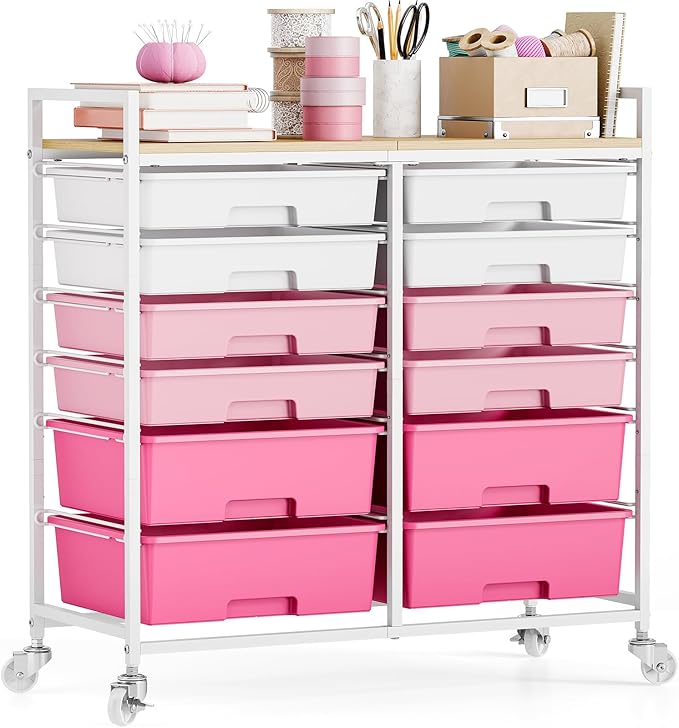 TOOLF 12 Drawers Rolling Storage Cart with Wooden Top for Classroom,Pink | Teacher Cart Craft Art Supply Organizer, Utility Cart with Lockable Wheels for Home Household Essentials, Office Organization