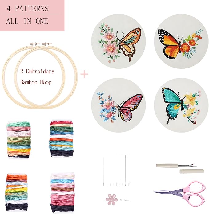 Bonroy 4 Sets Embroidery Kit for Beginners,Embroidery Art Craft Handy Sewing Include Clothes with Pattern,Embroidery Hoops, Instructions,Color Threads Needle (Butterfly) (CX-55)