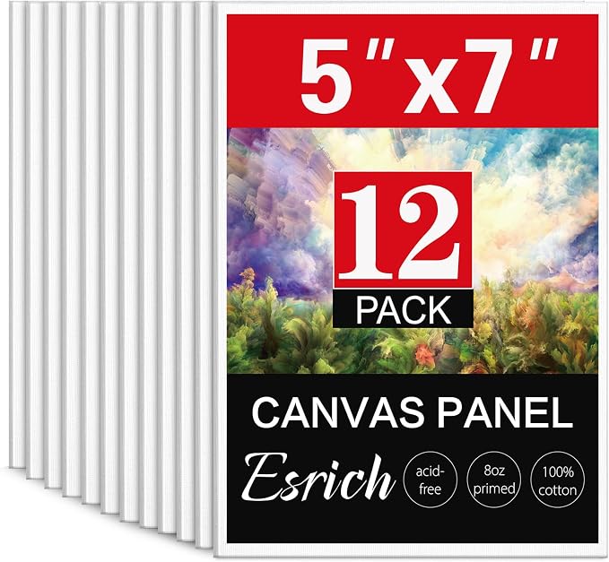 ESRICH 12 Pack 5x7 Small Canvas for Painting, Ideal for Kids & Beginners | Cotton Acid-free Surface, Gesso Primed for Acrylic, Oil, Watercolor. Art Painting Supplies for Class, Paint Parties and Home