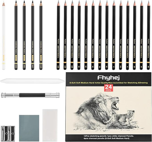 Sketch Drawing Pencil Set, 24 Pcs, Graphite Pencils (14B-4H) | Art Pencil Kit with Black and White Charcoal Pencils, Charcoal Sticks, Stumps, Eraser, Sharpeners, Sketch Set for Artists
