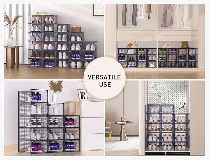 Kuject X-Large Shoe Storage Boxes 12 Pack, Clear Stackable Shoe Organizer