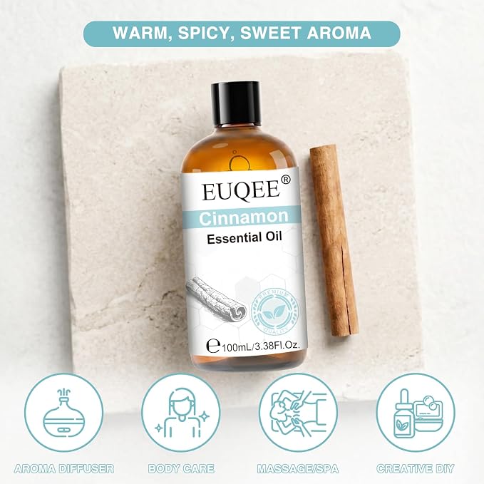 EUQEE 100ml Cinnamon Essential Oil for Diffuser, Massage 3.38 Fl Oz