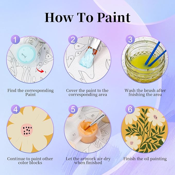 Okarina 6 Pack Paint by Numbers Kit for Adults & Beginners, Flower Designs | Paint by Number Kits on Canvas without Frame, 8x12 Inch, DIY Painting Kit for Home Wall Decor, Gifts for Women & Men