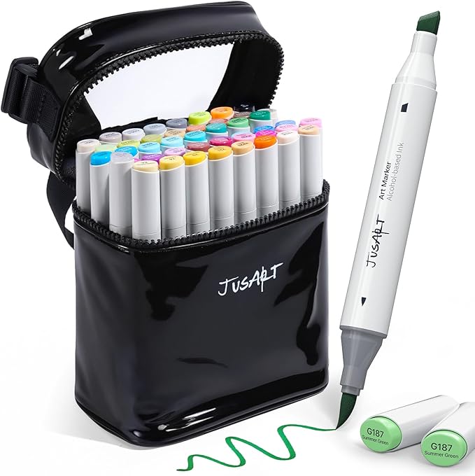 JusArt 48 Colors Alcohol Markers, Dual Tip Brush and Chisel