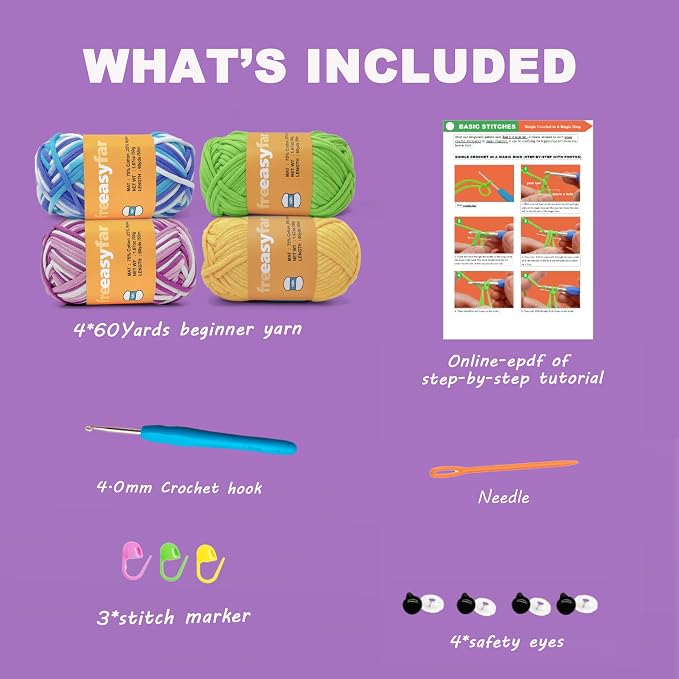 4x50g Beginner Crochet Yarn for Crocheting and Knitting; Beginner Easy Yarn kit with Tool Set (Azure Waves+Lavender Dreams+Green+Yellow, 4 Skein)