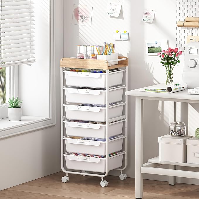 SYKIARIOL 6 Drawer Rolling Cart for Craft Storage,Utility Drawer Cart,White | Organizer with Handle and Wooden Top,Storage on wheels for Office,Classroom,Laundry,Garage,Snack,Art Supply