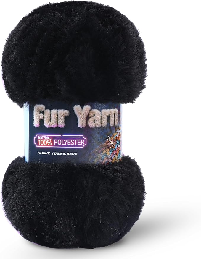 Faux Fur Yarn Soft Fluffy for Crocheting - 1 Skeins(Each 3.5oz/100g, 71yd/65m) - Chunky & Fluffy Yarn for Crochet Amigurumi, Blankets, Hand Knitting, Scarves &Crafts (1, Black)