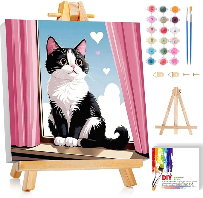 Cat Paint by Numbers Kit for Kids with Frame - Cute Cat Paint by Number for Kids, Cats Kid Painting by Number Kits Age 6-8 for Home Wall Decor 8X8inch (with Wooden Easel)