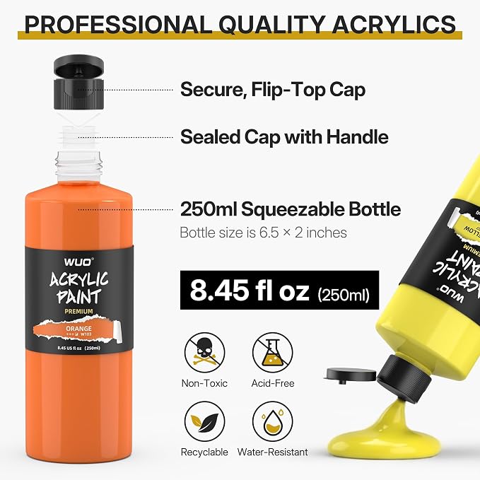 WUO 24 Colors Acrylic Paint Set, 250ml/8.45oz Professional Acrylic Paint | Large Bulk Rich Pigment Non-Toxic Multi-Surface Art Supplies for Artists Beginners Adults on Canvas Wood Rock Ceramic Crafts