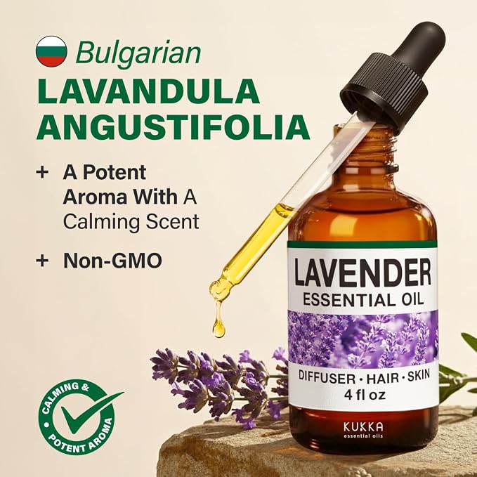 Kukka 100% Pure Lavender Essential Oil for Skin, Diffuser, 4 Fl Oz | Bulgarian Undiluted Natural Oil for Diffuser, Aromatherapy, Massage, Body, Relaxation, with Dropper
