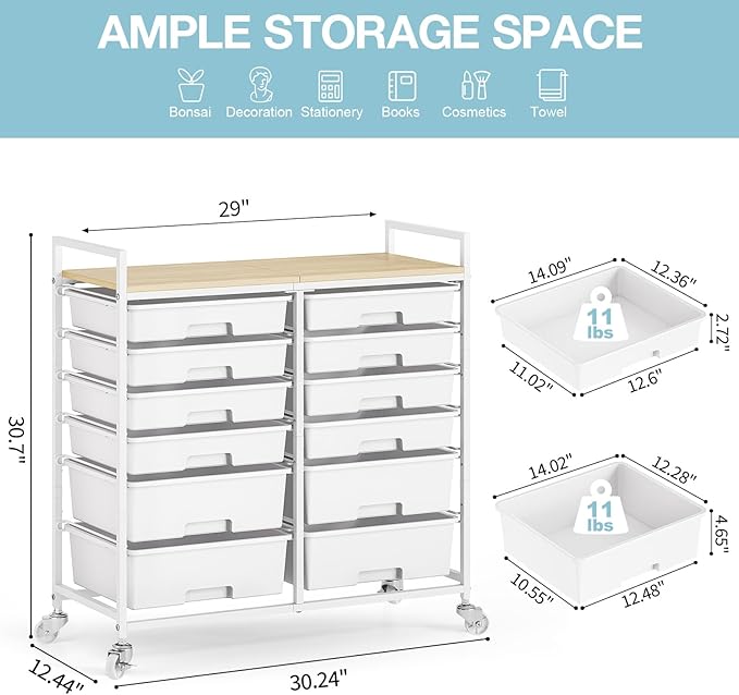 TOOLF 12 Drawers Rolling Storage Cart with Wooden Top for Classroom,White | Teacher Cart Craft Art Supply Organizer, Utility Cart with Lockable Wheels for Home Household Essentials, Office Organization