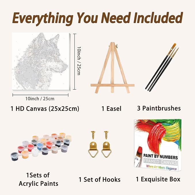 AUKELHJ Framed Paint by Numbers Kit for Adults, Wolf, 10x10 inch