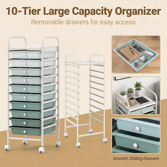 COSTWAY 10-Drawer Rolling Storage Cart, Utility Mobile Trolley