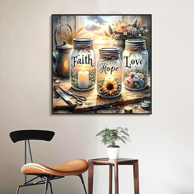Framed Paint by Numbers Kit for Adults Faith, Hope, Love Wishing Bottle | For Adults Beginner & Kids Ages 8-12, With Frame Canvas 10x10 inch, DIY Acrylic Painting by Numbers, Home Wall Decor Gift