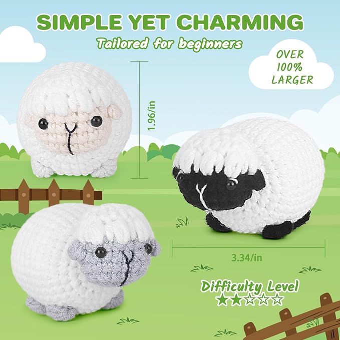 Crochet Kit for Beginners, Crochet Starter Kit with Step-by-Step Video Tutorials, Amigurumi Crochet DIY Knitting Supplies for Teenagers Adults, 3-Pack Little Lambs (40%+ Yarn)