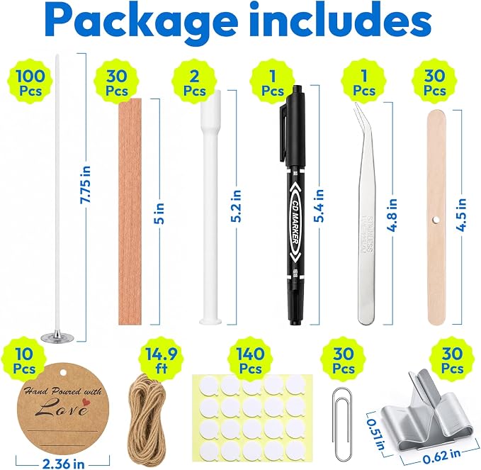 375Pcs Candle Making Kit, 8 Inch Cotton Wicks & 5 Inch Wood Wicks | Wick Holders, Candle Stickers, Tweezers, Pen, Use for DIY, Home Craft, Gift Making