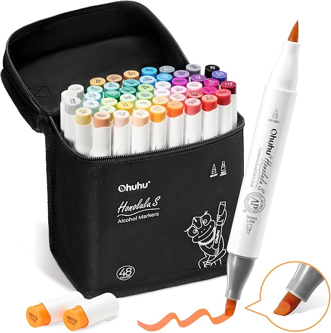 Ohuhu Alcohol Markers 48 Colors Brush& Soft Chisel for Adult Cozy Coloring | Dual Tips Drawing Markers for Artists Beginners Illustration Sketching, AP Certified Refillable Alcohol-based, Honolulu S