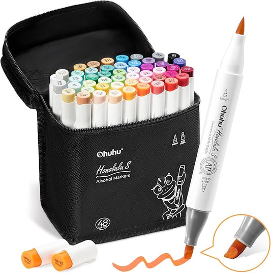 Ohuhu Alcohol Markers 48 Colors Brush& Soft Chisel for Adult Cozy Coloring | Dual Tips Drawing Markers for Artists Beginners Illustration Sketching, AP Certified Refillable Alcohol-based, Honolulu S