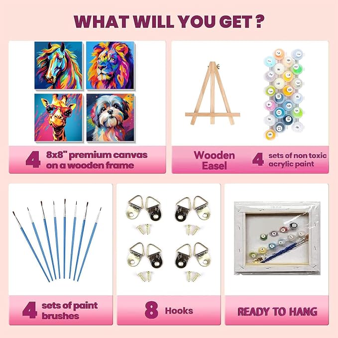 cviokrdu 4 Pack Paint by Numbers Kit for Kids with Frame - Wooden Easel, Animal Paint by Numbers for Kids Ages 4 8 12, Easy Animals Acrylic Oil Painting Kits for Home Wall Decoration 8x8 inch