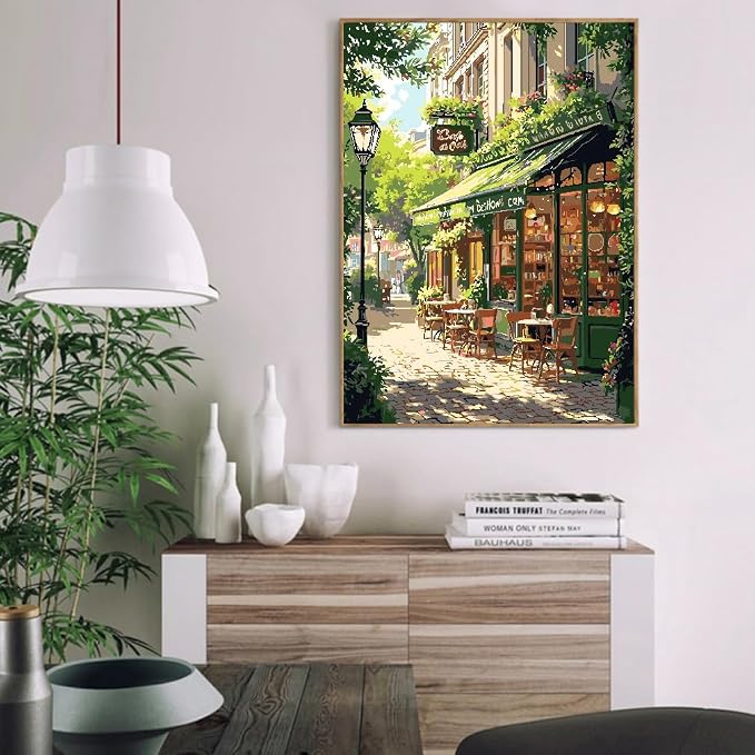 Mrnsiet Paint by Numbers Kit for Adults, Easy Street Cafe Adult Paint by Number Kits on Canvas, Spring Scene DIY Acrylic Oil Number Painting Kits for Home Wall Decor Gift 16x20 Inch