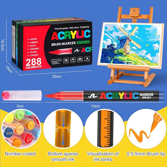 Amamao 288 Colors Acrylic Paint Markers, Brush Tip Pens for Rock & Wood